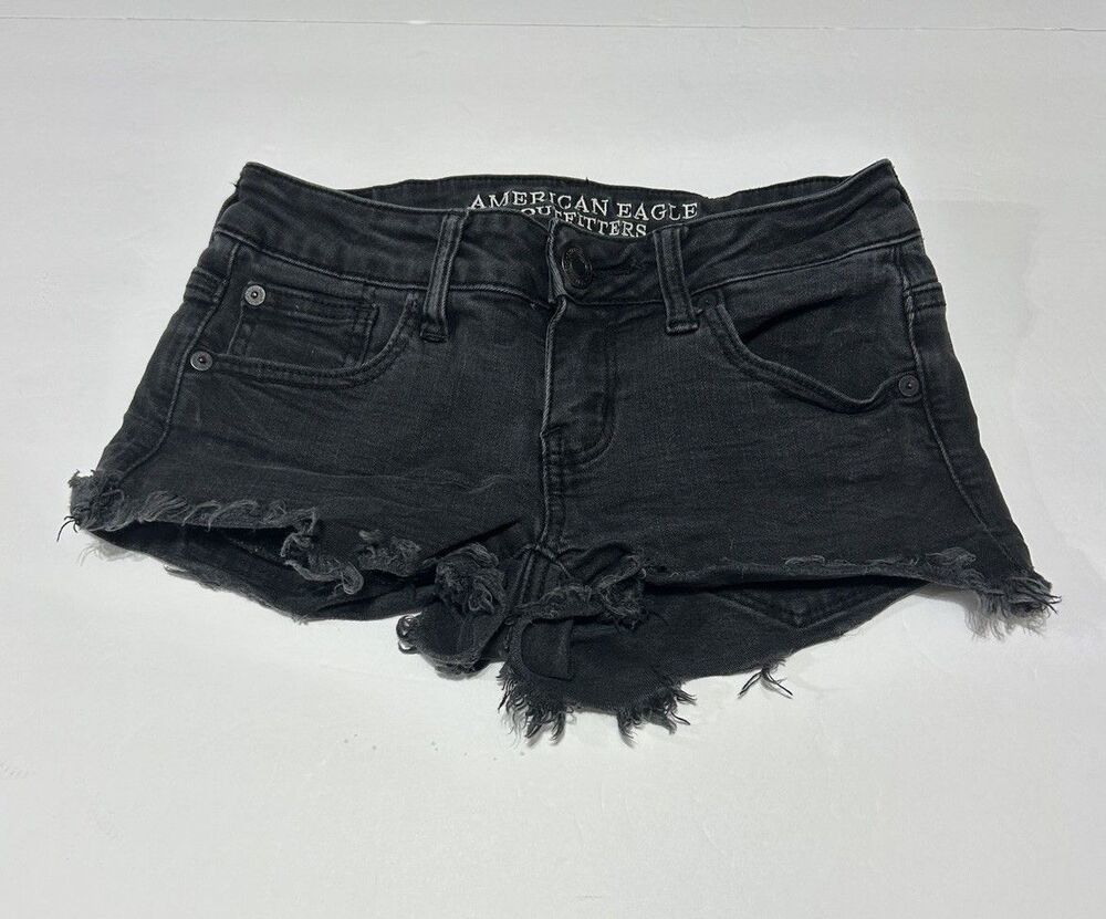 American Eagle Super Low Shortie Denim Shorts Women's Size 0 Black Frayed Cutoff - Picture 2 of 7